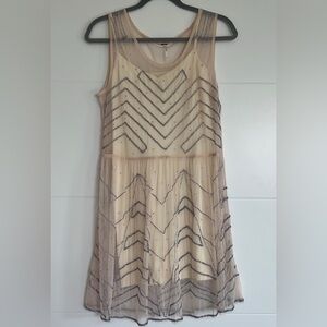 Free People Tan and sheer beaded embellished Mini Dress sz S/P geometric design